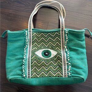 Green Tote Bag with Beaded Evil Eye Design